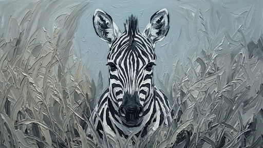 Oil painting style zebra portrait with thick brushstrokes in shades of charcoal, gray, and white