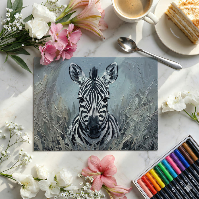 Close up of an artistic zebra wall mural in a sophisticated home office study