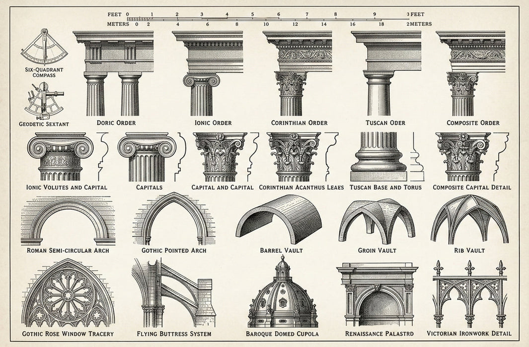 A vintage-style architectural blueprint pattern featuring charcoal line drawings of arches, columns, and domes on cream paper.
