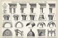 A vintage-style architectural blueprint pattern featuring charcoal line drawings of arches, columns, and domes on cream paper.