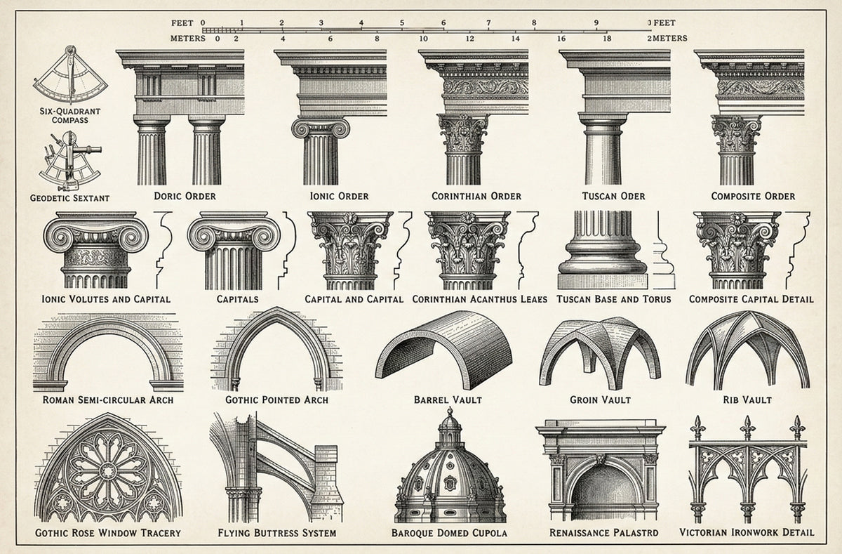A vintage-style architectural blueprint pattern featuring charcoal line drawings of arches, columns, and domes on cream paper.