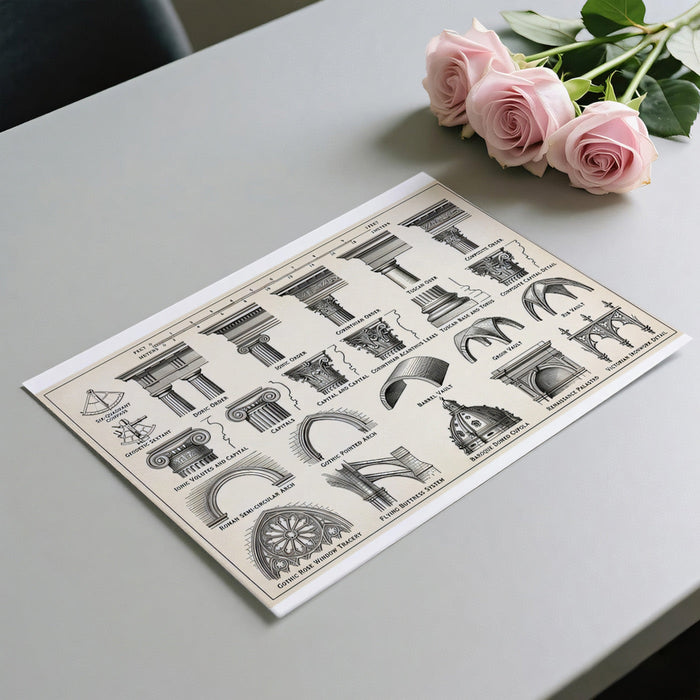 A professional office study with a classic column and arch design wallpaper creating a scholarly atmosphere.