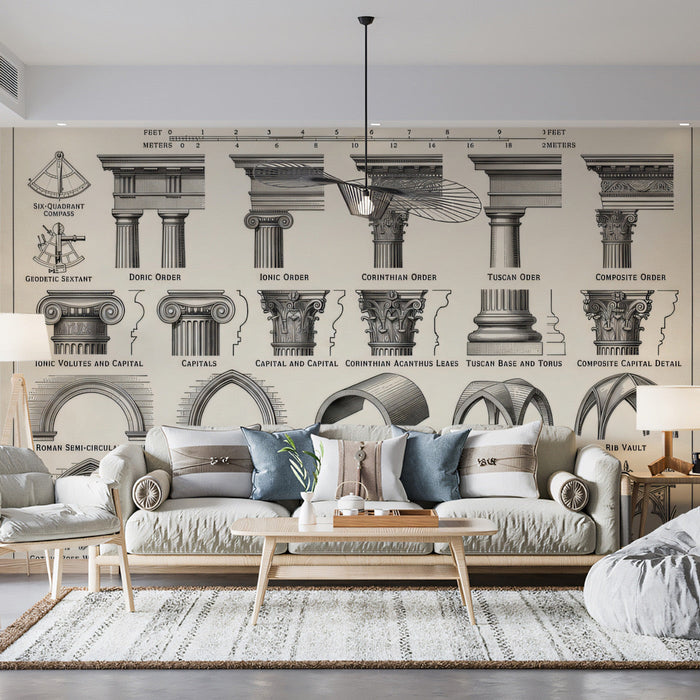 A hallway designed with historical architectural motif wallpaper to create a gallery-like entrance.