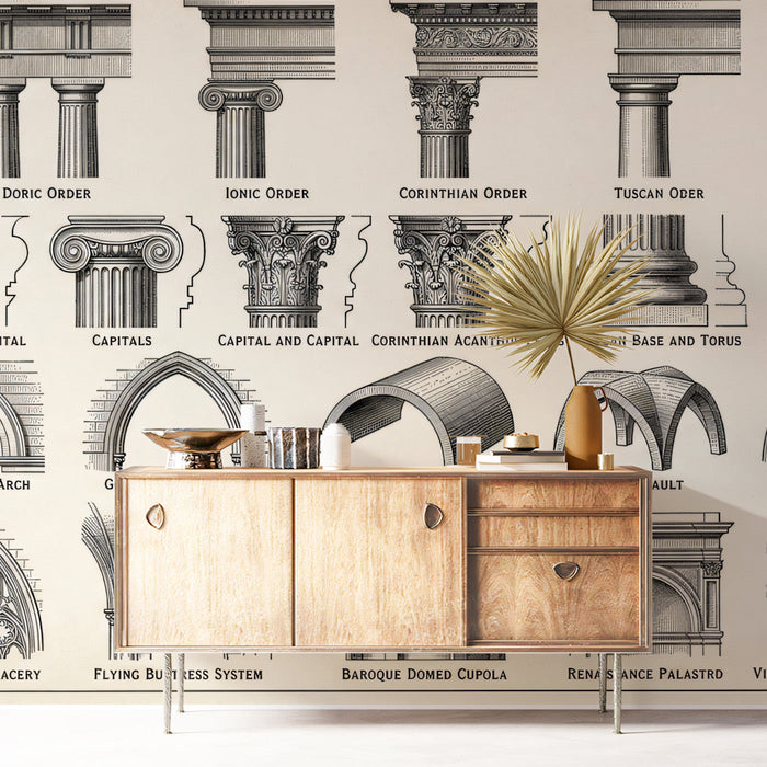 A sophisticated home library featuring an architectural sketch wallpaper behind dark wooden bookshelves.