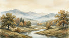 Watercolor landscape mural wallpaper featuring a river, autumn trees, and misty blue mountains