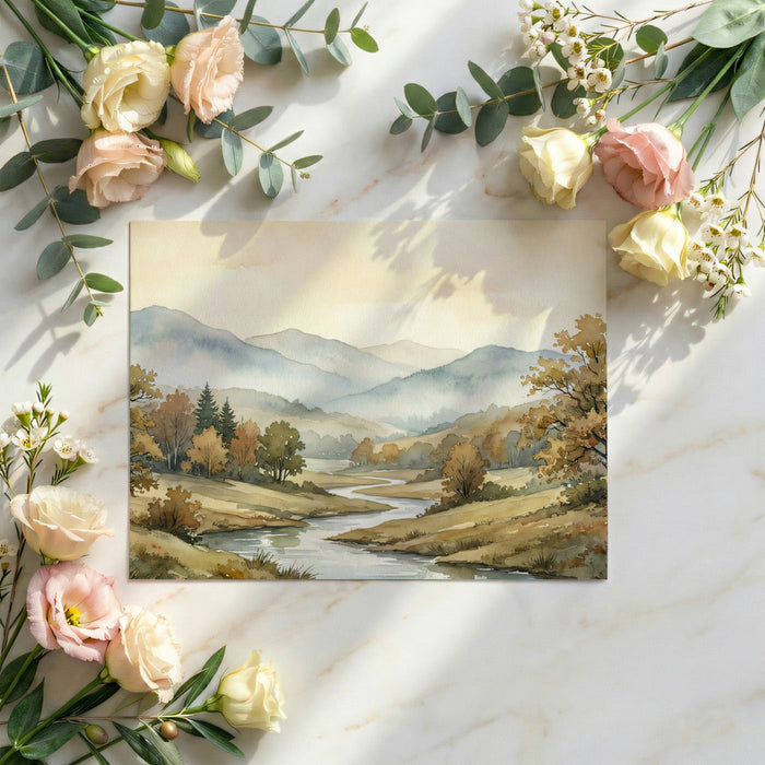 Watercolor river valley wallpaper featured on a dining room feature wall