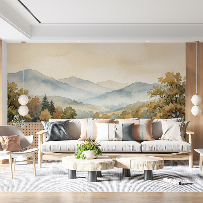 Country-style home office featuring a calming watercolor mountain mural