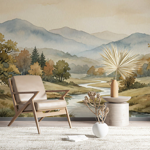 Autumn landscape mural installed in a cozy bedroom with linen bedding