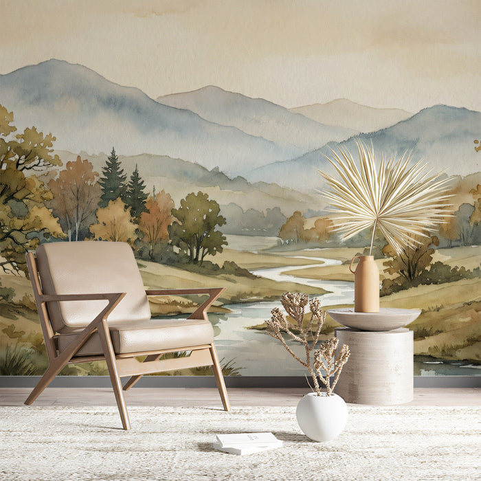 Autumn landscape mural installed in a cozy bedroom with linen bedding