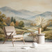 Autumn landscape mural installed in a cozy bedroom with linen bedding