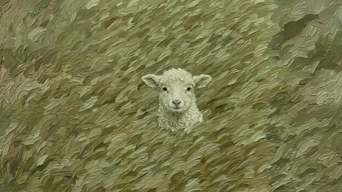 Oil painting style wallpaper pattern featuring a small lamb peeking through thick, olive and sage green impasto brushstrokes