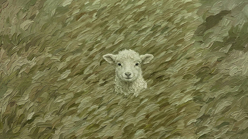 Oil painting style wallpaper pattern featuring a small lamb peeking through thick, olive and sage green impasto brushstrokes