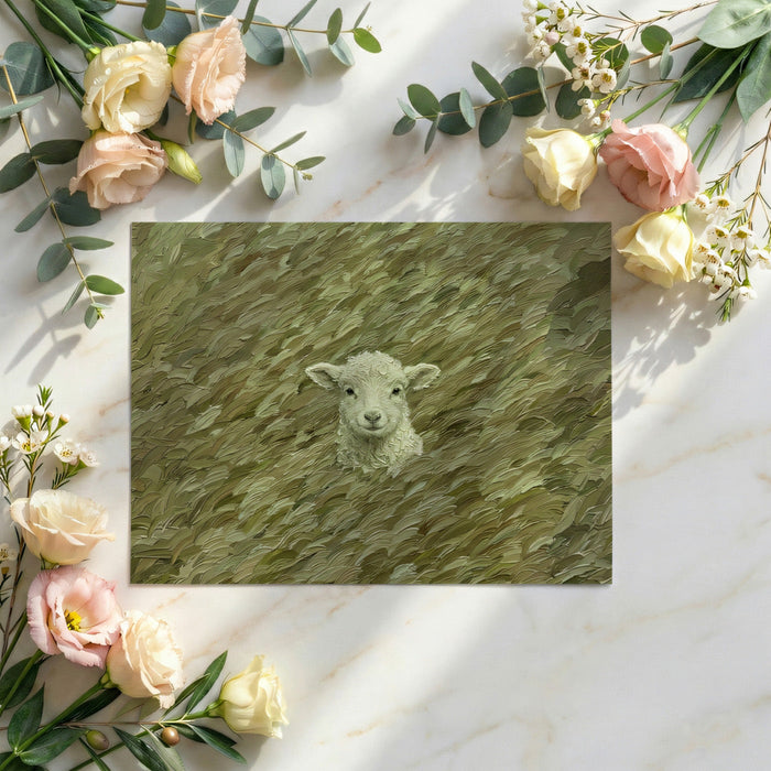 A serene reading nook with a velvet armchair placed against the textured, green lamb mural wallpaper