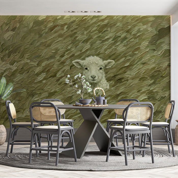 An elegant study or home office with the lamb in olive grass wallpaper, creating a unique and artistic focal point