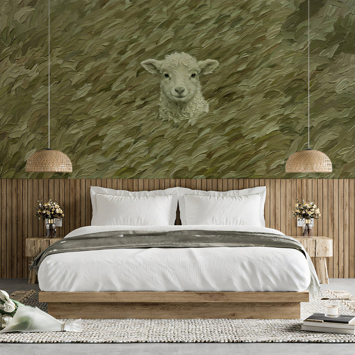 A cozy nursery featuring the lamb wall mural, paired with a wooden crib and neutral decor for a soft, calming environment