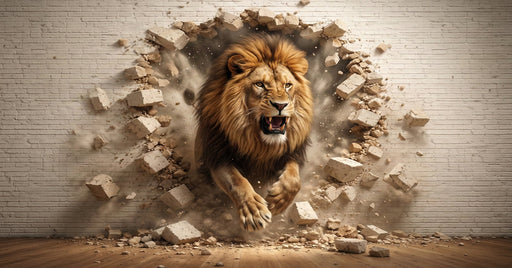 A 3D lion breaking through a crumbling cream-colored brick wall with dust and debris flying outward.