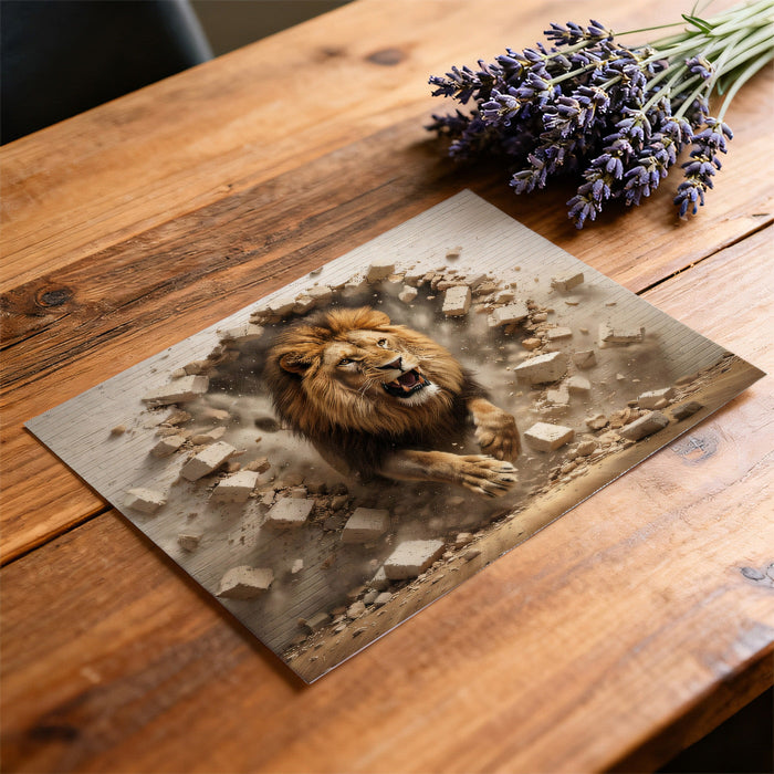An industrial-style home office featuring a fierce lion breaking through the brick wall decor.