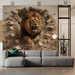 A masculine study room interior with a striking lion mural on the main focal wall.