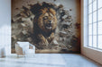A modern living room with a dramatic lion wall mural as a bold feature behind a sleek leather sofa.