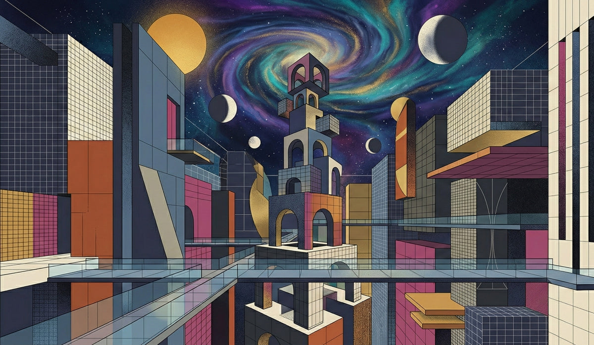 Surreal geometric city architecture with arches and towers against a glowing violet and blue galaxy sky