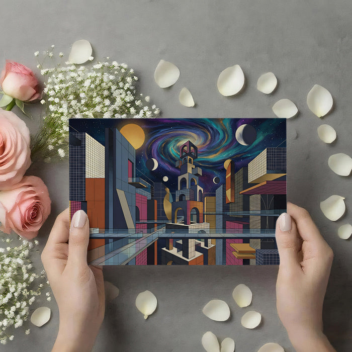 Moody media room featuring a surreal architectural galaxy wallpaper for an immersive cinematic feel