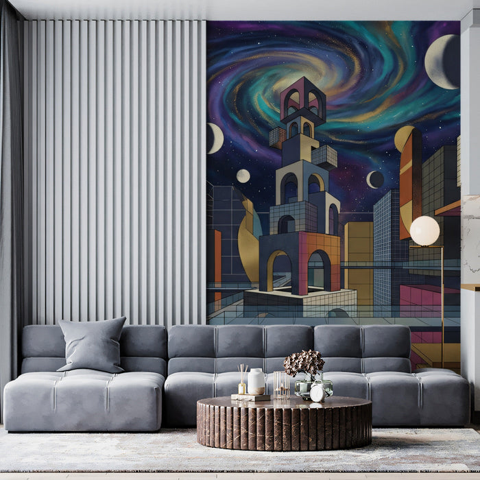 Contemporary bedroom with a colorful geometric cosmic cityscape mural behind a platform bed