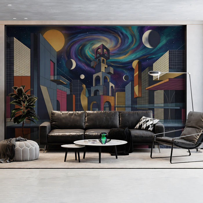 Modern home office with a cosmic cityscape mural on the feature wall behind a sleek floating desk