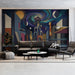 Modern home office with a cosmic cityscape mural on the feature wall behind a sleek floating desk