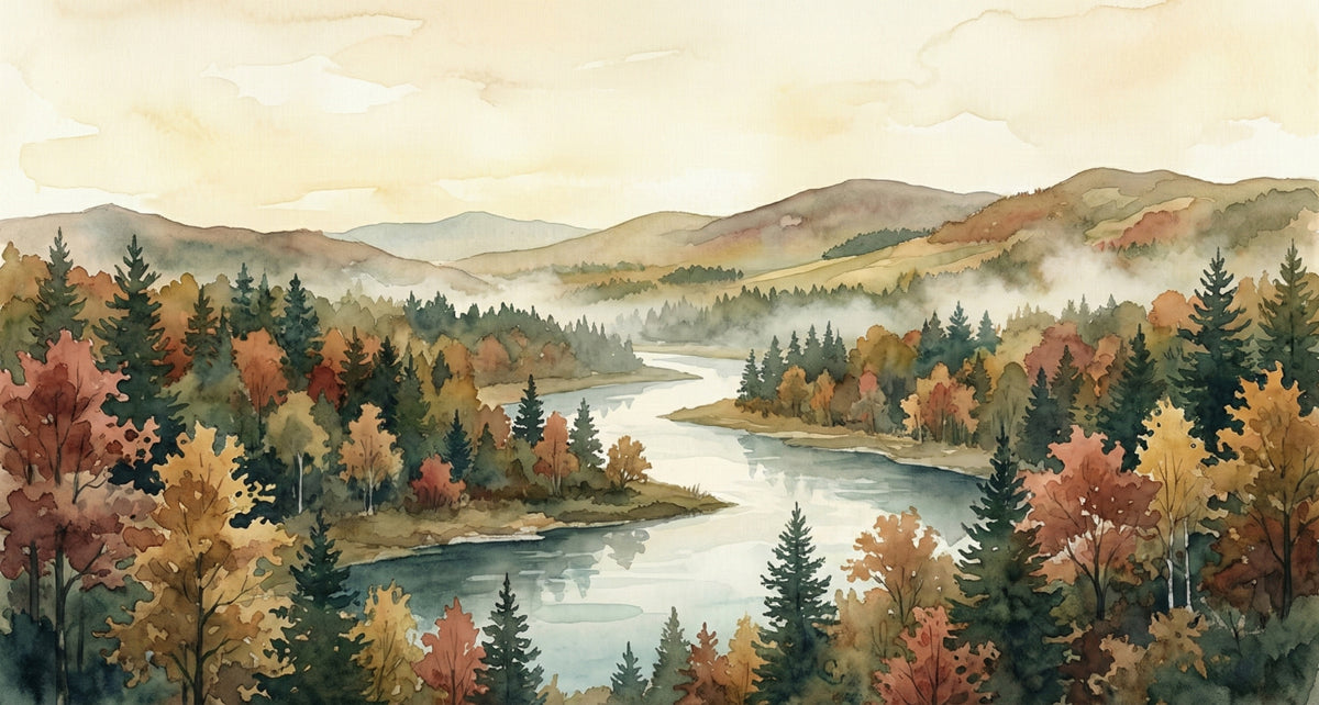 Watercolor landscape wallpaper showing a river winding through autumn trees in shades of forest green and ochre
