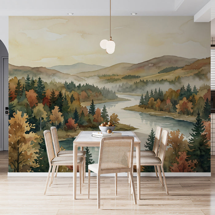 Autumn valley river wallpaper used as a statement backdrop in a modern dining room