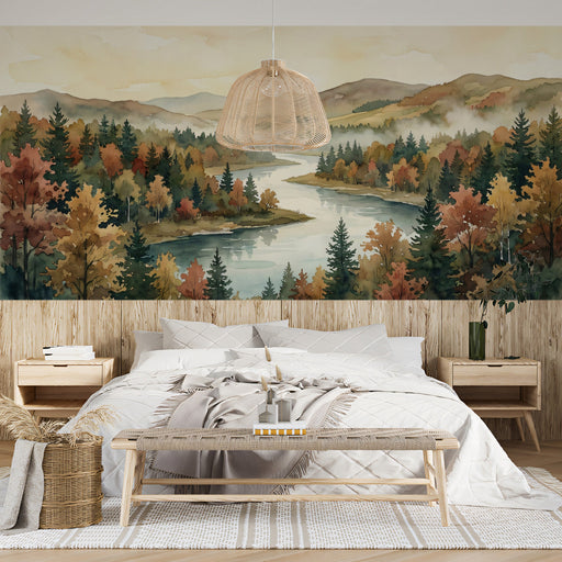 Misty forest river mural installed behind a wooden bed frame in a cozy bedroom