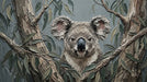 Textured impasto oil painting wallpaper featuring a koala perched in eucalyptus branches in muted green and stone gray tones