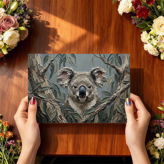 Textured nature wallpaper featuring a koala in a modern home office with neutral furnishings