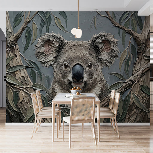 Koala wildlife mural installed on a feature wall in a cozy bedroom with wooden decor