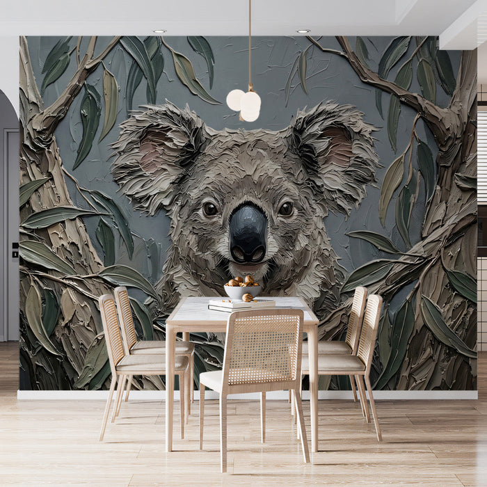 Koala wildlife mural installed on a feature wall in a cozy bedroom with wooden decor