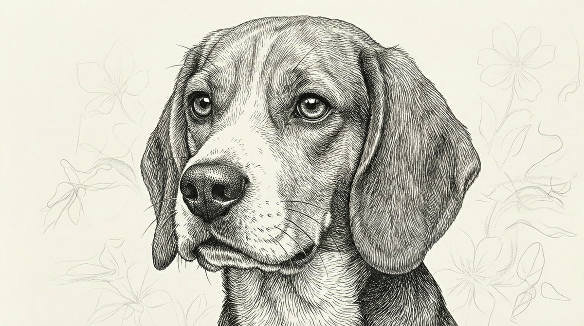 A detailed pen-and-ink sketch of a beagle dog with soft floral line art on a creamy background