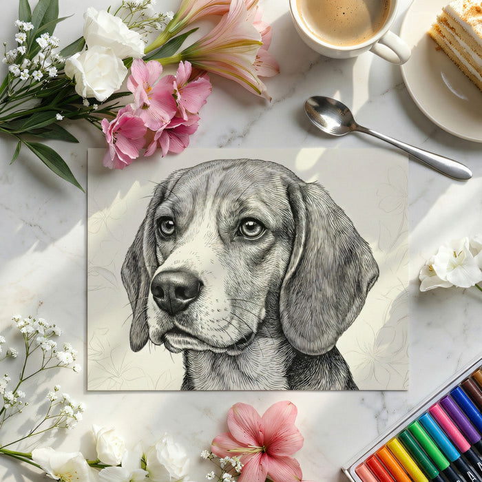 Dog portrait wallpaper accenting the wall behind a cozy reading nook with a plush armchair