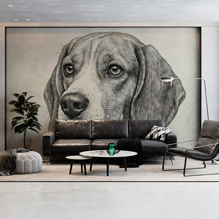Hand-drawn canine art mural in a warm, neutral nursery room with wooden nursery furniture