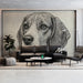 Hand-drawn canine art mural in a warm, neutral nursery room with wooden nursery furniture