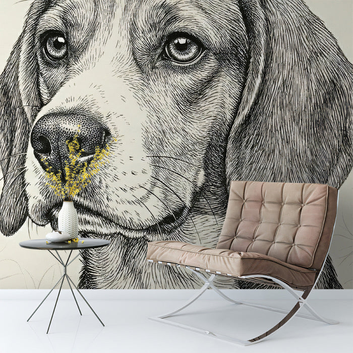 Beagle dog mural installed as a feature wall in a quiet, modern home office with wooden desk