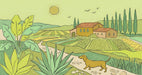 Illustrated Tuscan landscape wallpaper with green fields, a farmhouse, and a brown dachshund
