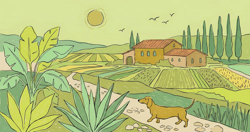 Illustrated Tuscan landscape wallpaper with green fields, a farmhouse, and a brown dachshund