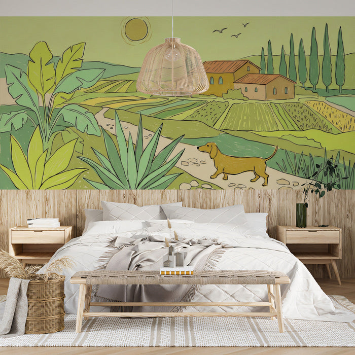 Charming rural scene mural in a breakfast nook with natural wood decor