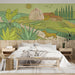 Charming rural scene mural in a breakfast nook with natural wood decor