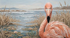 Textured oil painting wallpaper featuring a peach flamingo standing in reeds by a calm, pale blue lake.