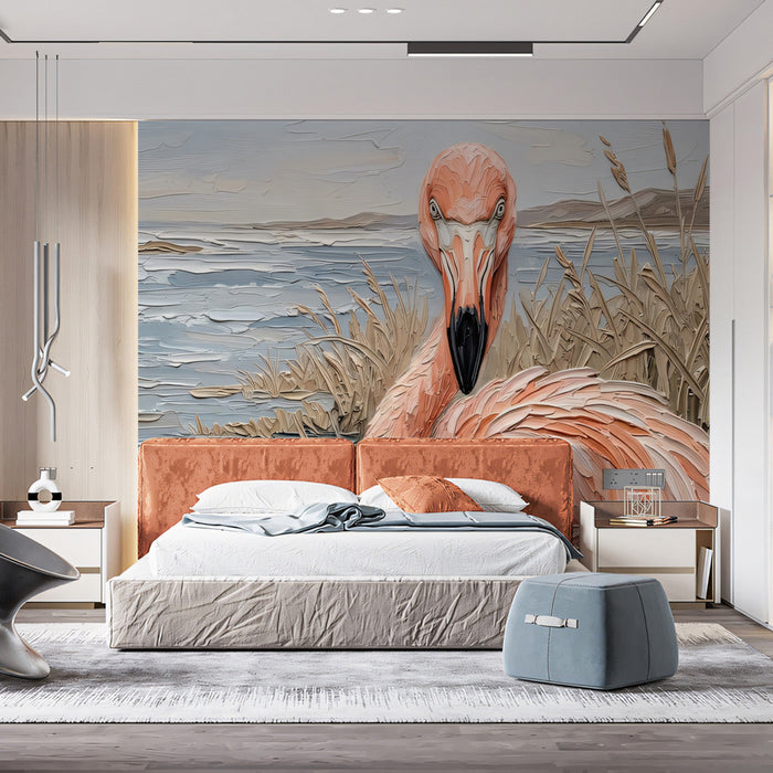 A tranquil bathroom setting with a coastal-inspired oil painting mural of a flamingo.