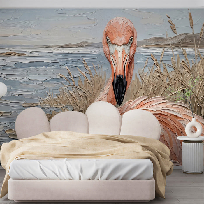 A cozy bedroom interior featuring a large-scale flamingo mural on the main feature wall.