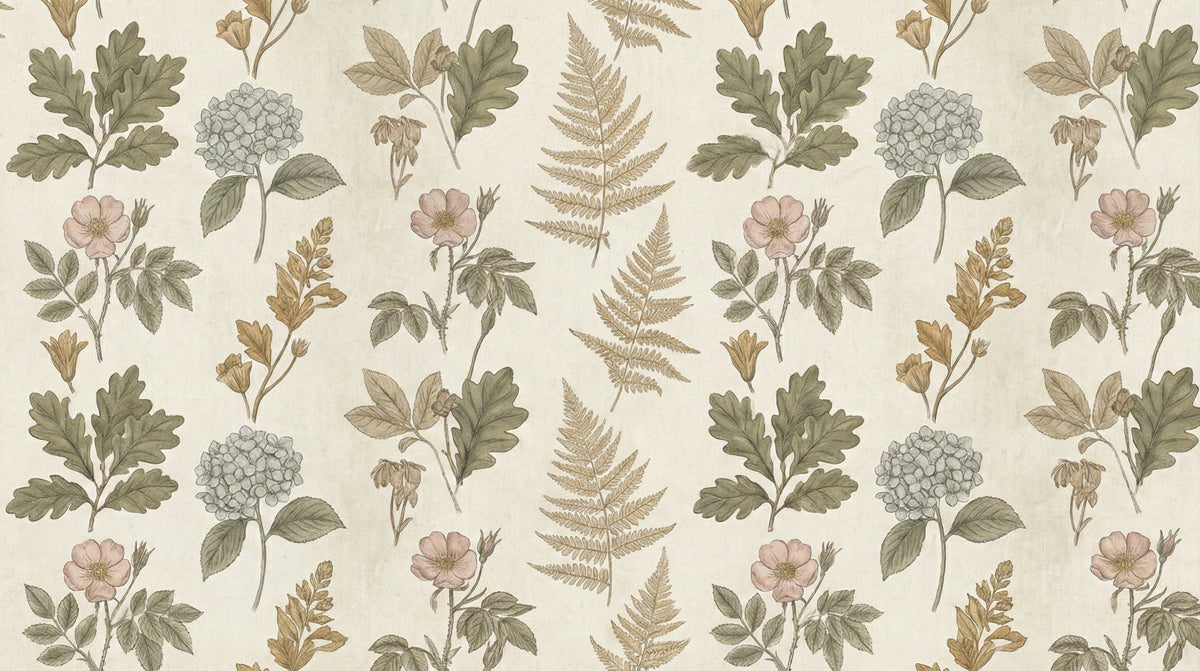 Vintage botanical wallpaper pattern with ferns, hydrangeas, and roses in muted sage and ochre tones.