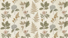 Vintage botanical wallpaper pattern with ferns, hydrangeas, and roses in muted sage and ochre tones.