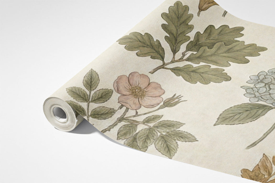 A bright dining room with a nature-inspired botanical mural providing a soft backdrop.